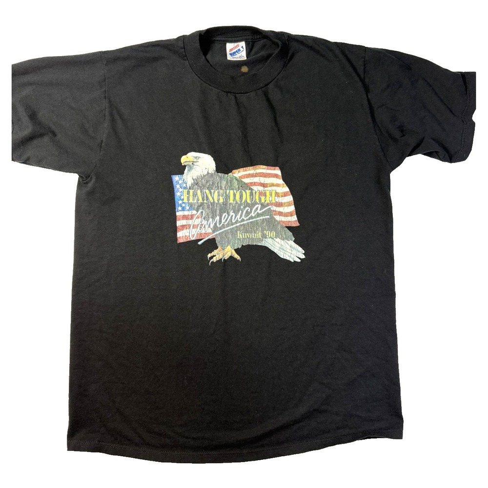 Vintage 1990 Kuwait Hang Tough America TShirt Mens L Black Eagle Flag Army USA